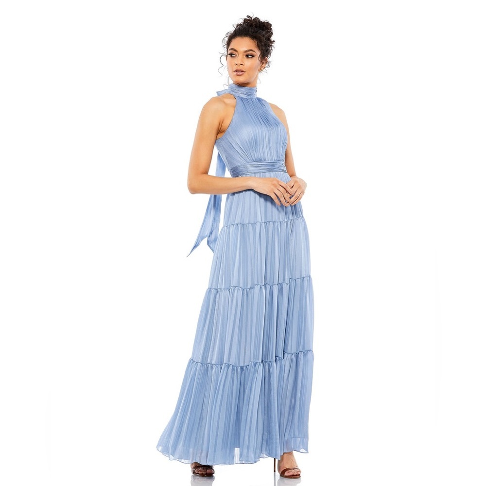 MAC DUGGAL tie neck halter tiered gown maxi dress light blue metallic formal 4